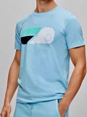 Hugo BOSS Men's Sz L Tee 9 Stretch T-Shirt Open Blue Logo Graphic Golf Reg. Fit